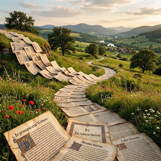Manuscript pages form a path; visible text includes “In principio erat Verbum,” “In hic habitat libertas,” “Aetatis novae,” and “Liber Genesis.”